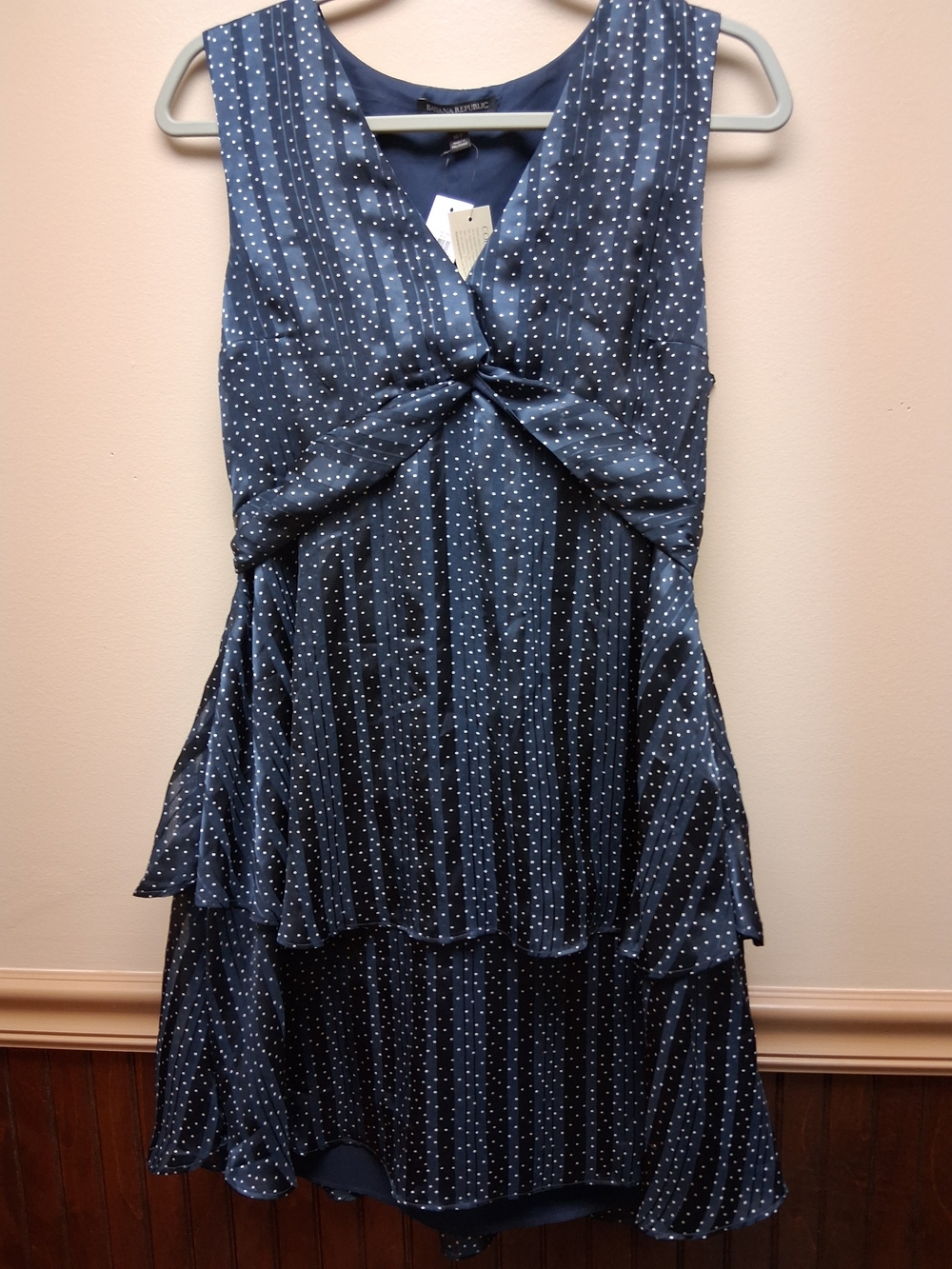 Banana Republic Navy Blue and White Polka Dot Tiered Chiffon Dress SZ 10P